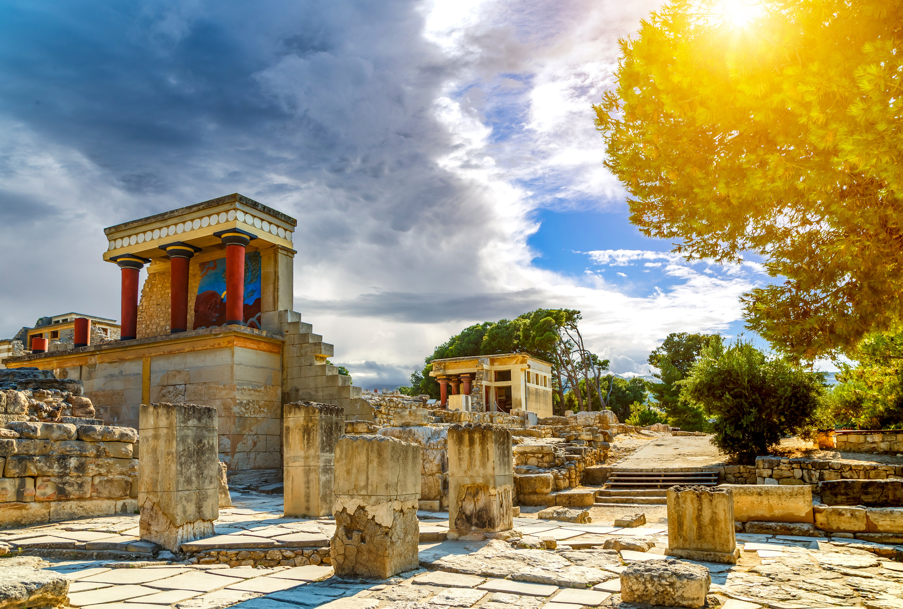 Knoss palace open air archaeological museum on Crete island, Greece. North entrance of famous Minoan civilization ancient ruins. Labyrinth Minotaur. Ancient Greek legends